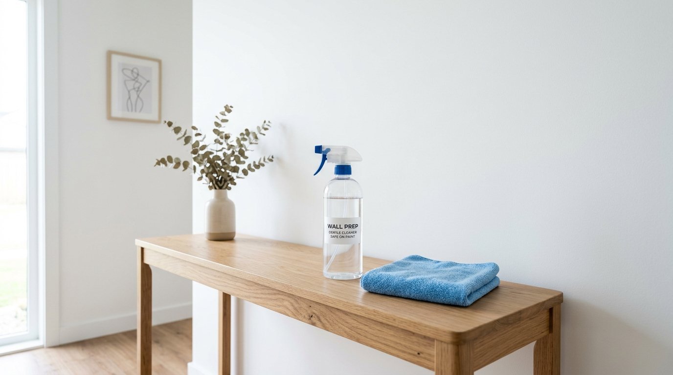 A bottle of wall prep cleaner and a blue microfiber cloth placed on a light wood hallway table.