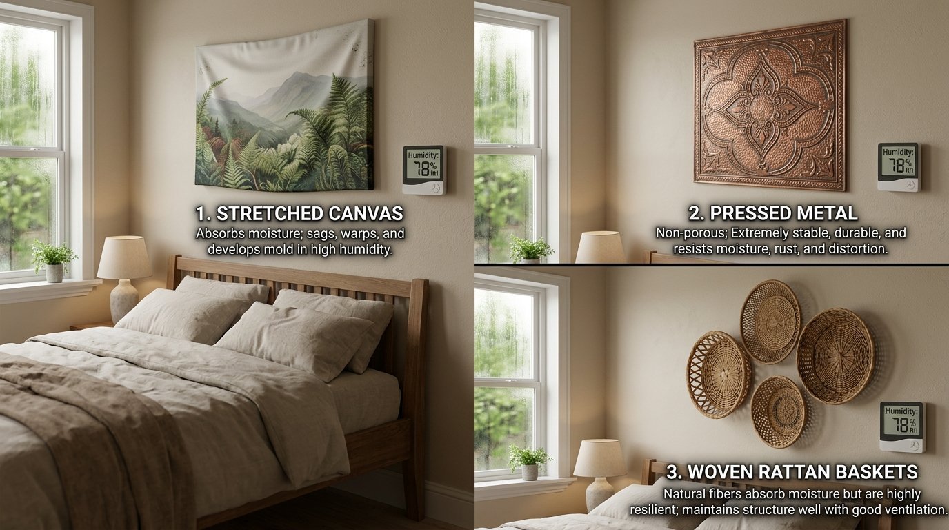 Split view showing canvas, pressed metal, and woven baskets with text explaining their moisture resistance.