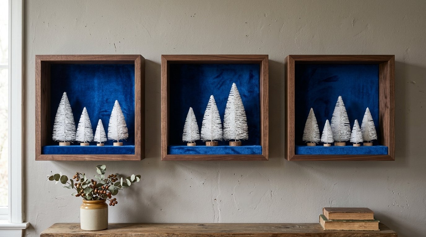 Three wooden display boxes with deep blue velvet interiors containing tiny bottlebrush white Christmas trees.