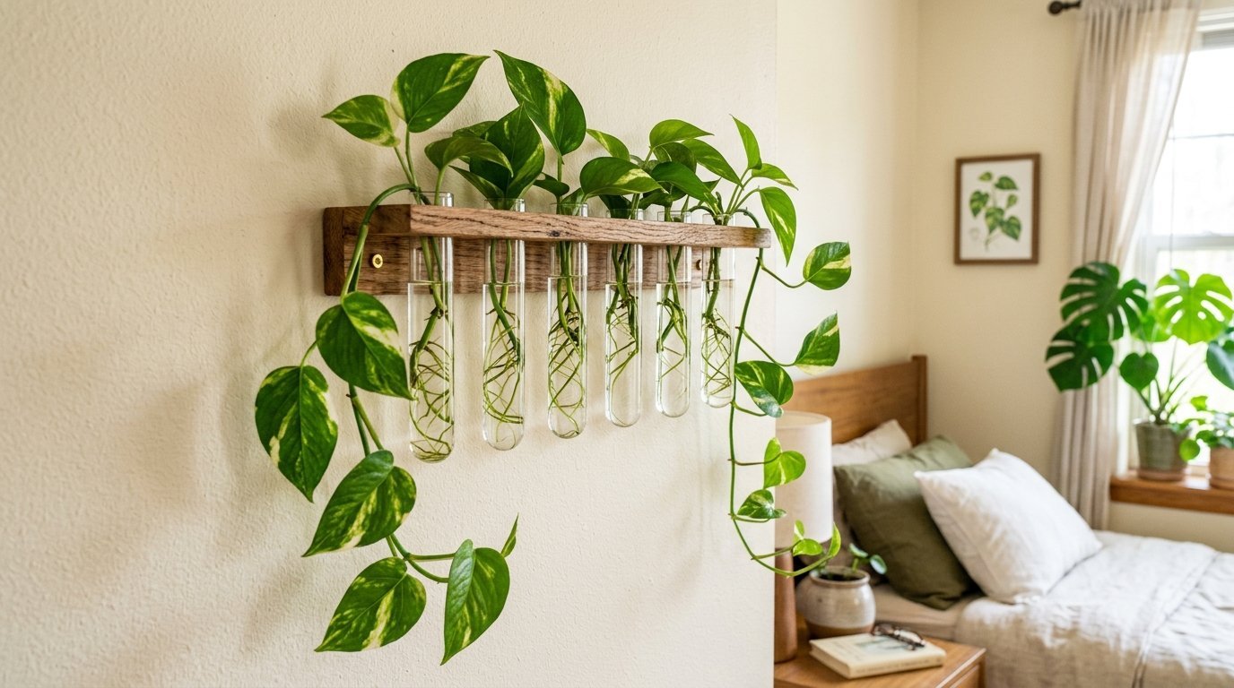 Pothos vine cuttings rooting in glass test tubes mounted on a bedroom wall shelf.