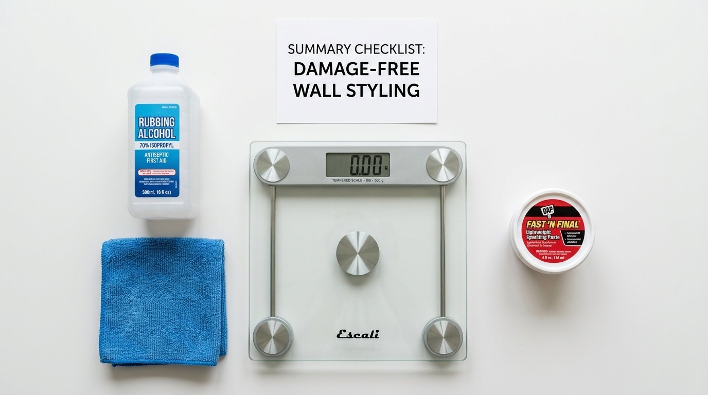 Top view of isopropyl alcohol, blue cloth, digital kitchen scale, and spackling paste for home wall maintenance.