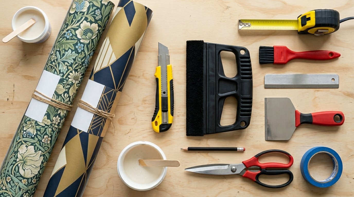 Top-down view of wallpaper rolls, adhesive, cutter, smoothing tool, measuring tape, and scissors on a wooden table.