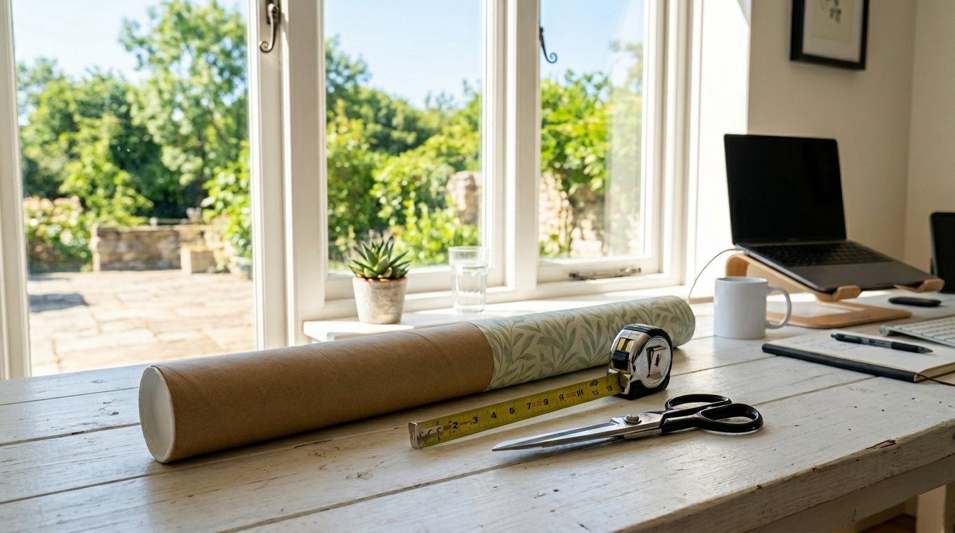 A roll of patterned wallpaper, a yellow measuring tape, and scissors sitting on a wooden desk by a sunny window.