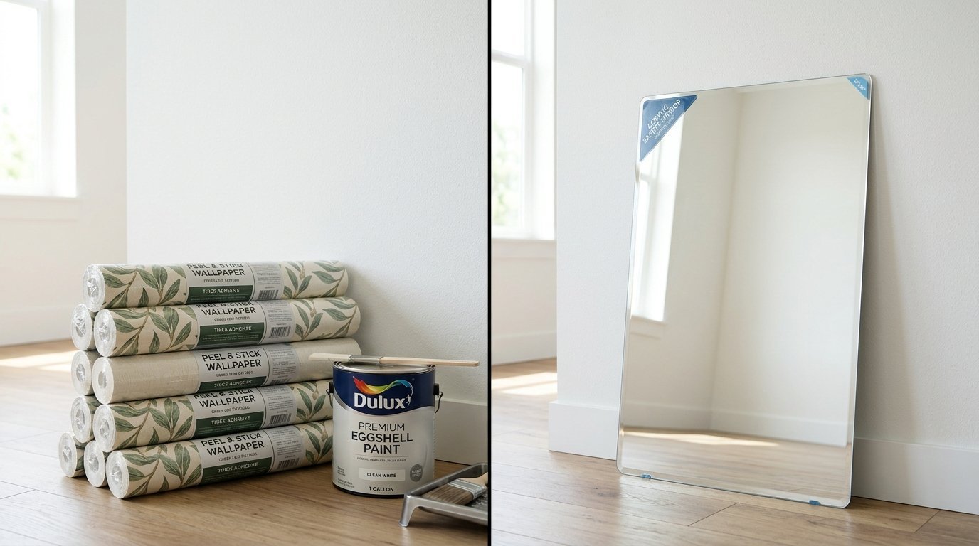 Decorative leaf wallpaper rolls beside a paint can and a large rectangular mirror on a hardwood floor.
