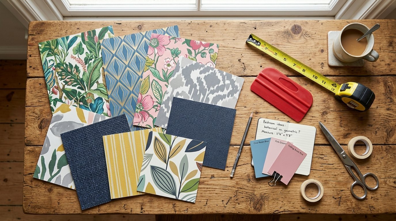 Top-down view of wallpaper samples, a measuring tape, paint chips, and tools on a rustic wooden tabletop.