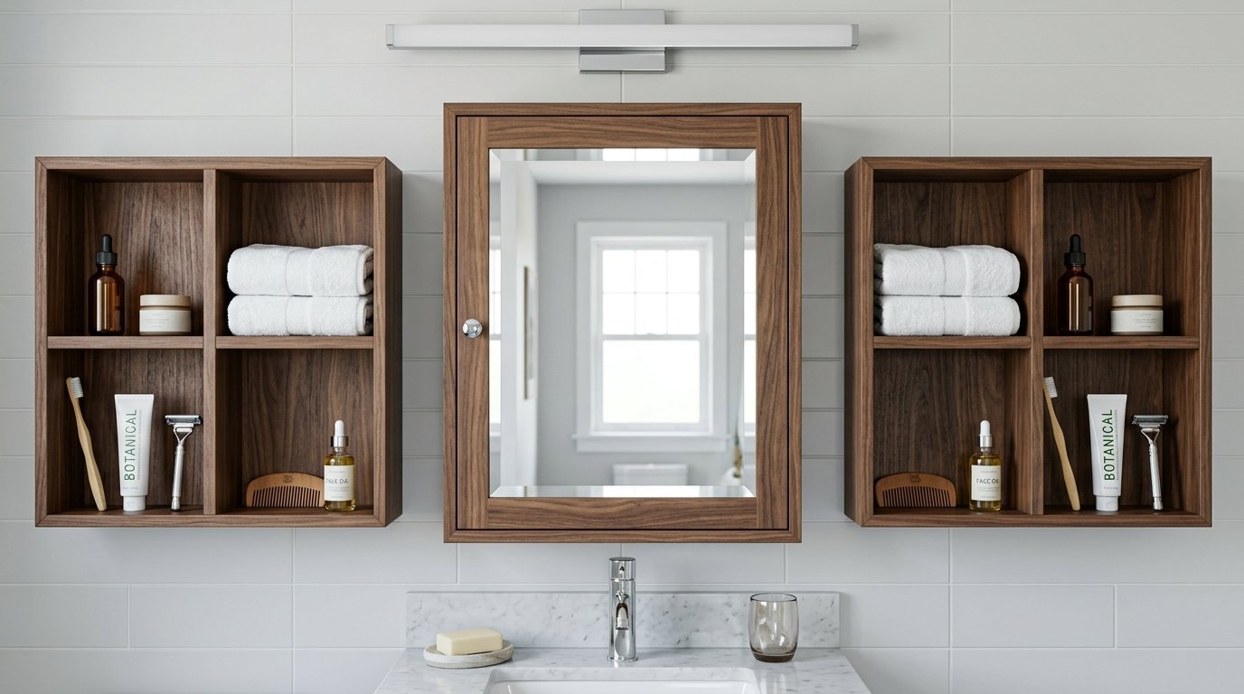 Wall-mounted walnut medicine cabinet and two matching side shelves stocked with toiletries above a marble vanity.