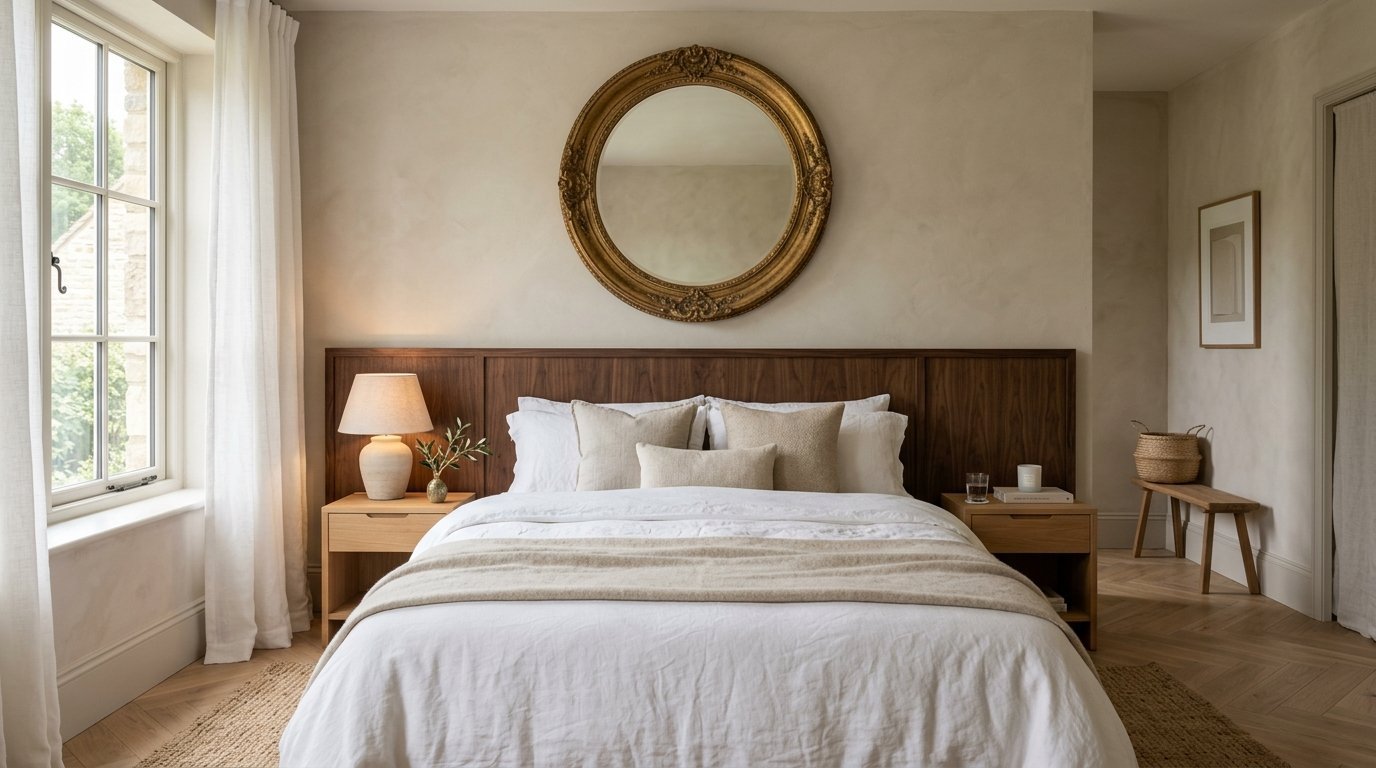 A beige bedroom with a dark wood headboard, round ornate gold mirror, and white bedding on a jute rug.