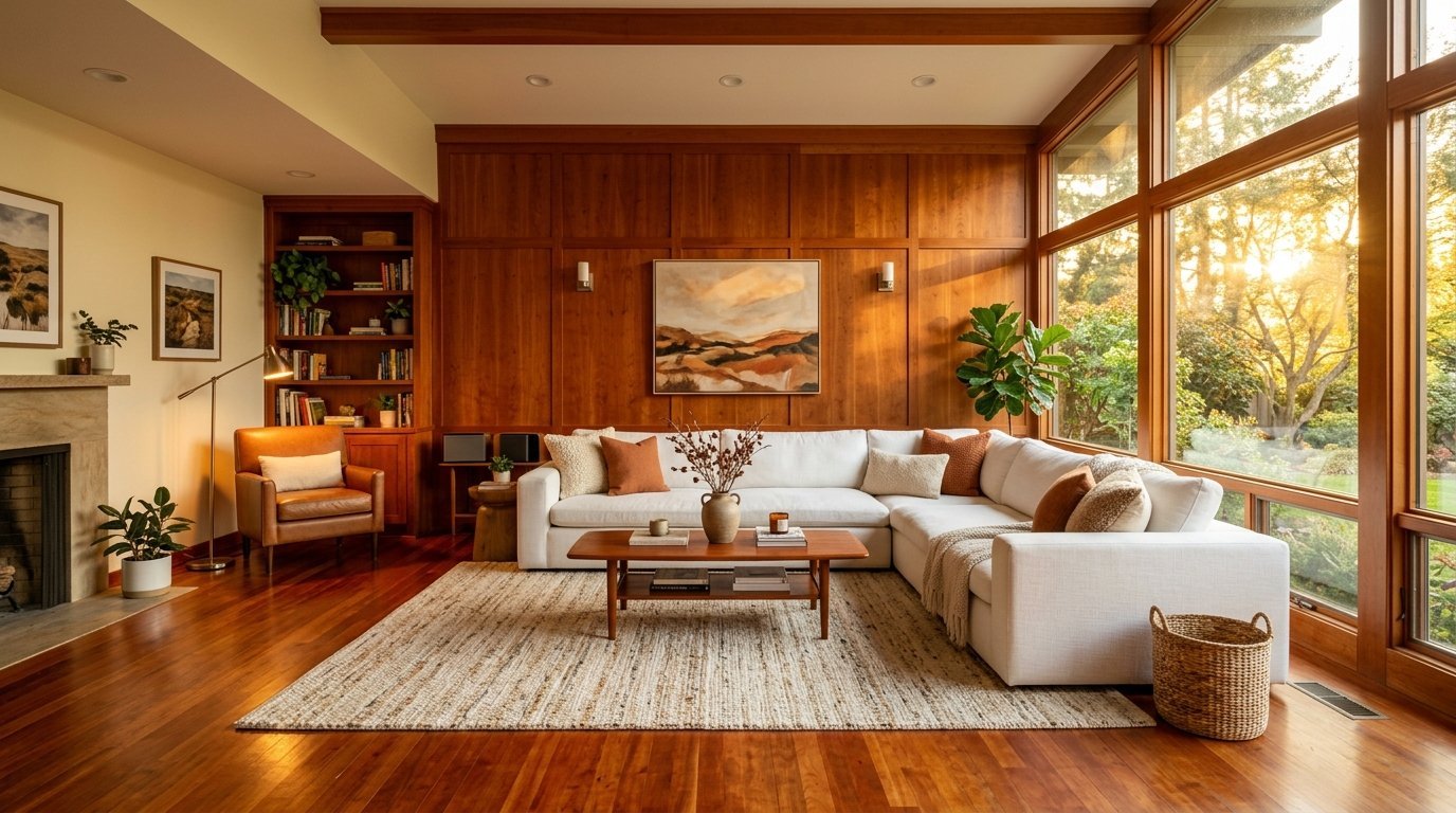 A cozy living room with wood paneled walls, a large white sectional, and floor-to-ceiling windows at sunset.