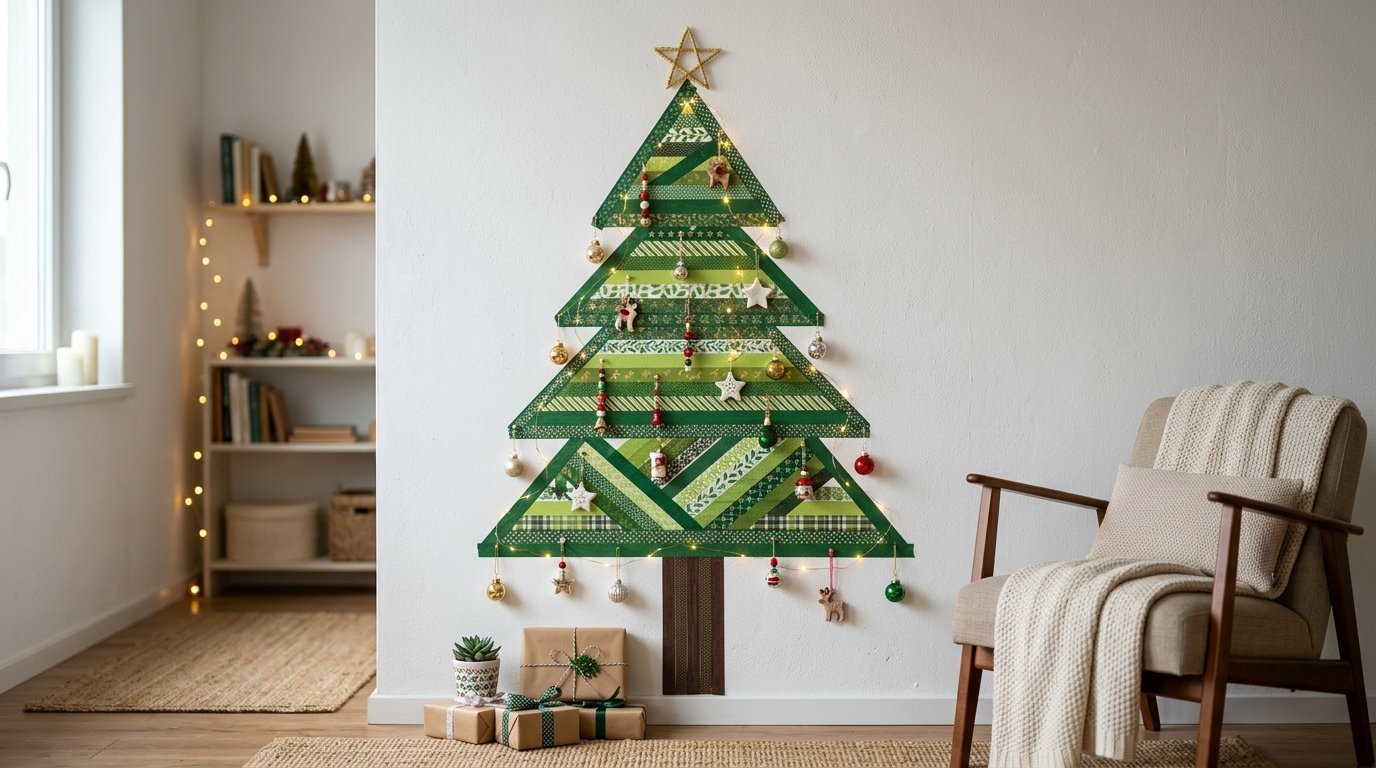 Decorative holiday tree made from green patterned masking tape on a living room wall with hanging ornaments.