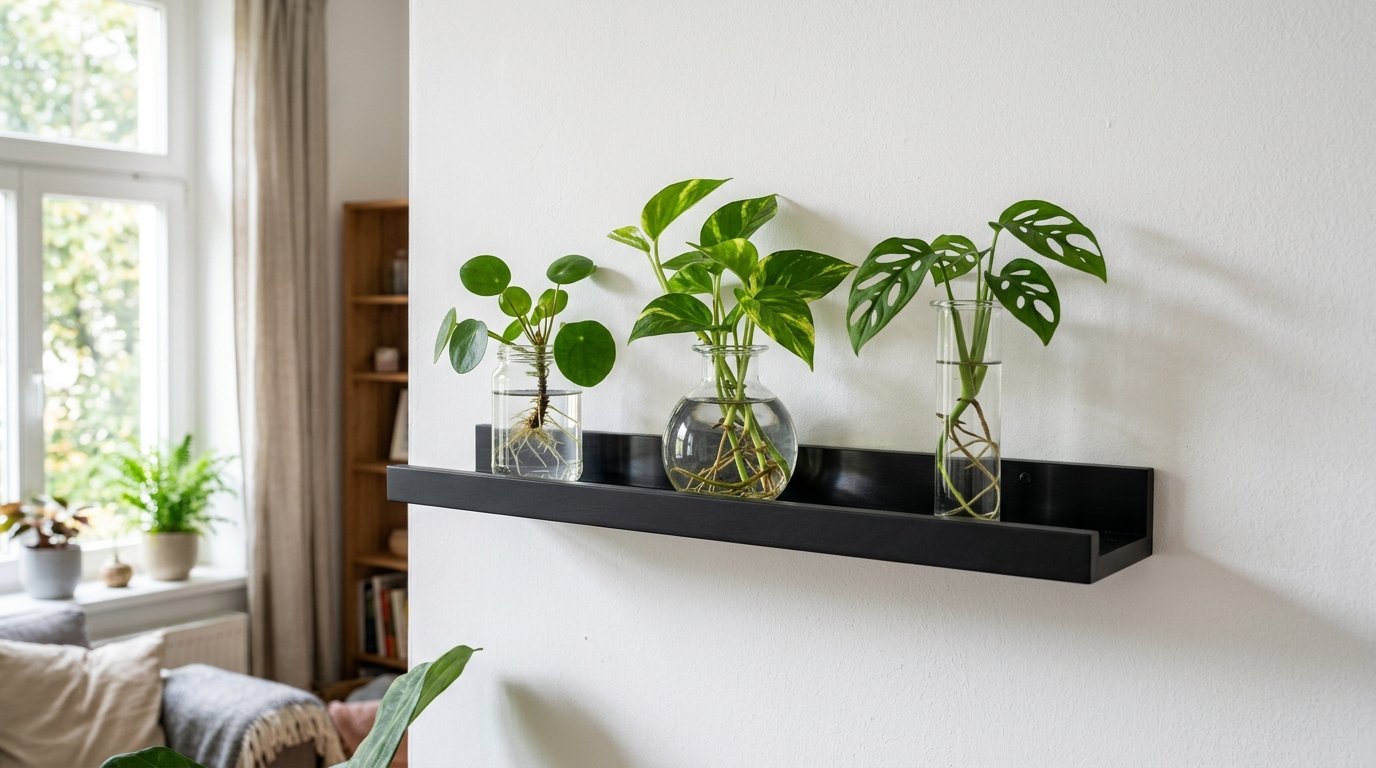 Pilea, pothos, and monstera adansonii cuttings growing roots in clear water vessels on a black floating ledge.