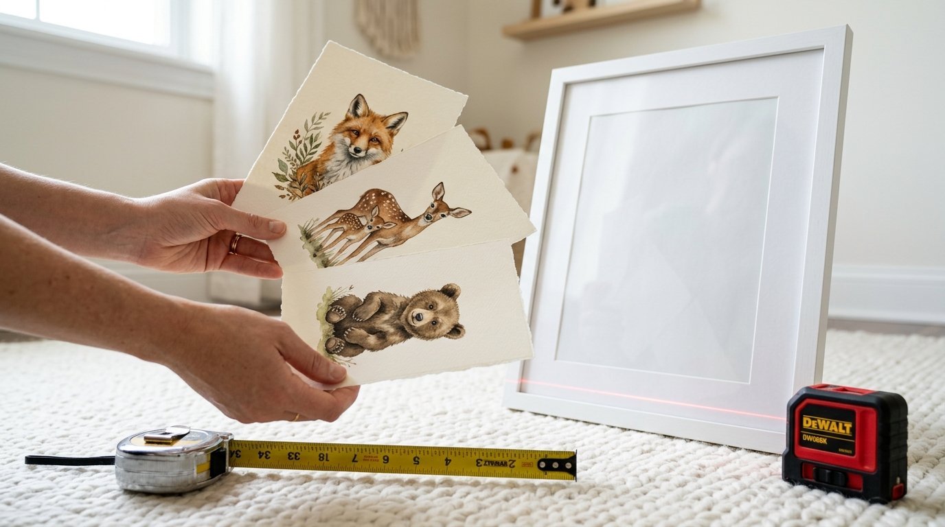 Person holding watercolor paintings of a fox, deer, and bear next to a white frame and tape measure on a rug.