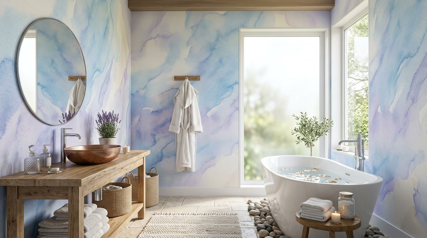 A tranquil bathroom with artistic watercolor walls, a copper sink, and a standalone tub filled with water.