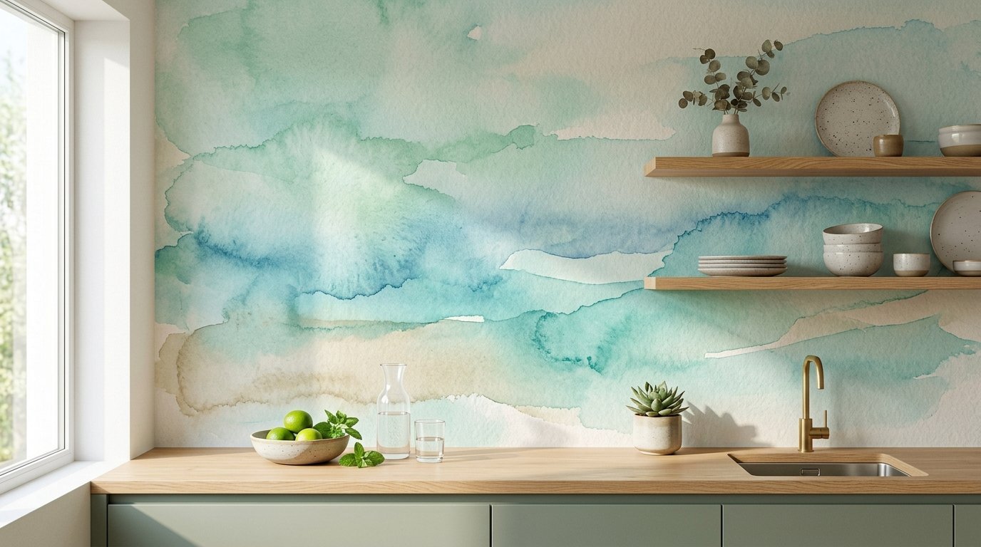 Modern kitchen counter with light wood, a gold faucet, and a wall mural painted with abstract blue and green watercolors.
