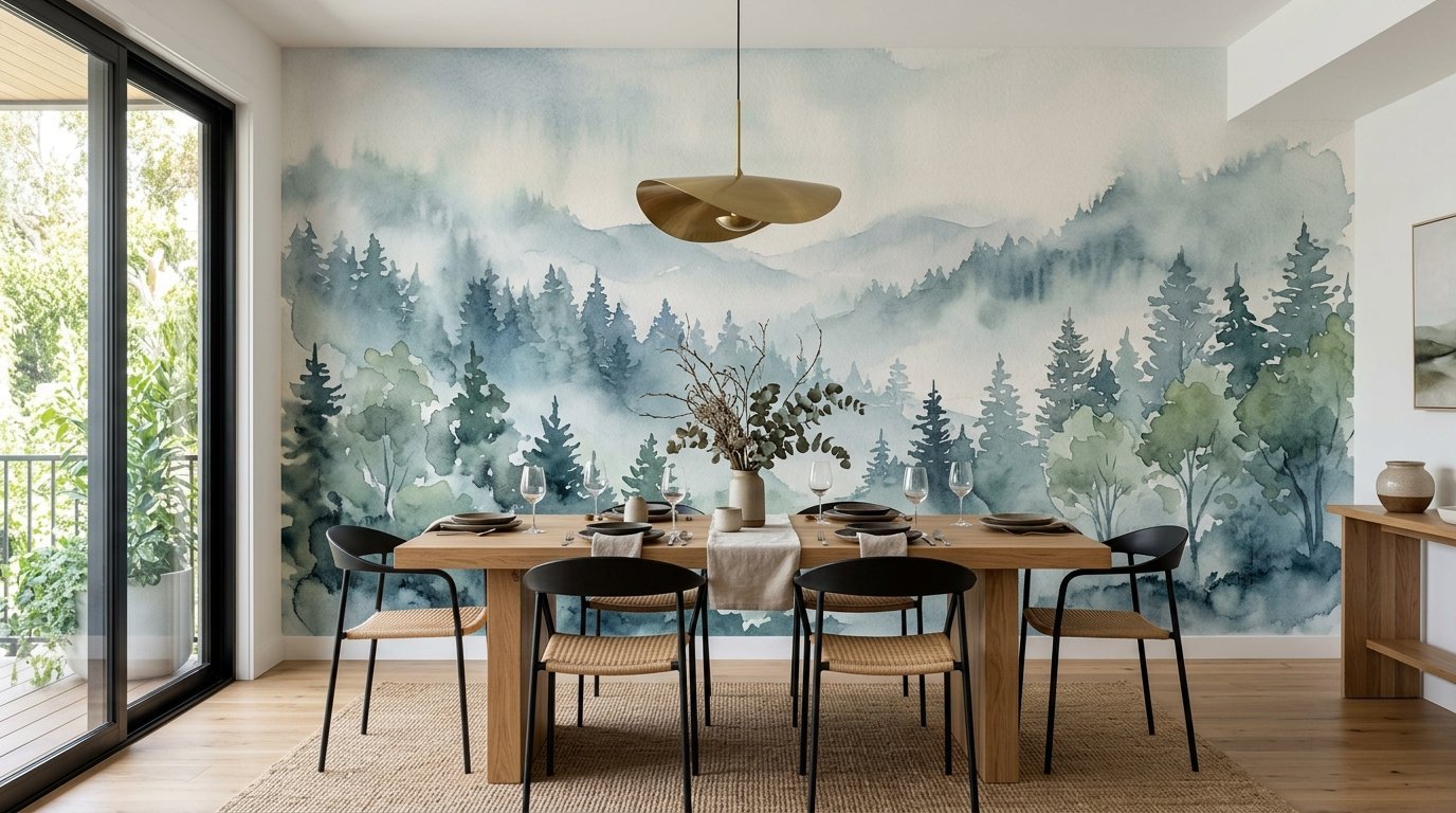 A dining table set for guests against a large wall mural of misty evergreen trees.