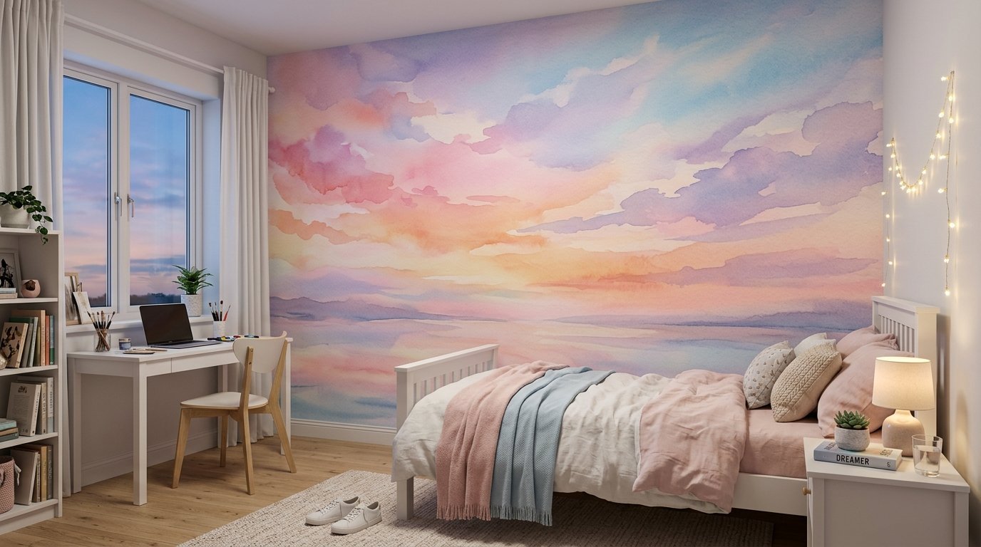 Bedroom featuring a large watercolor sunset wall mural with pink, orange, and blue clouds above a white bed.