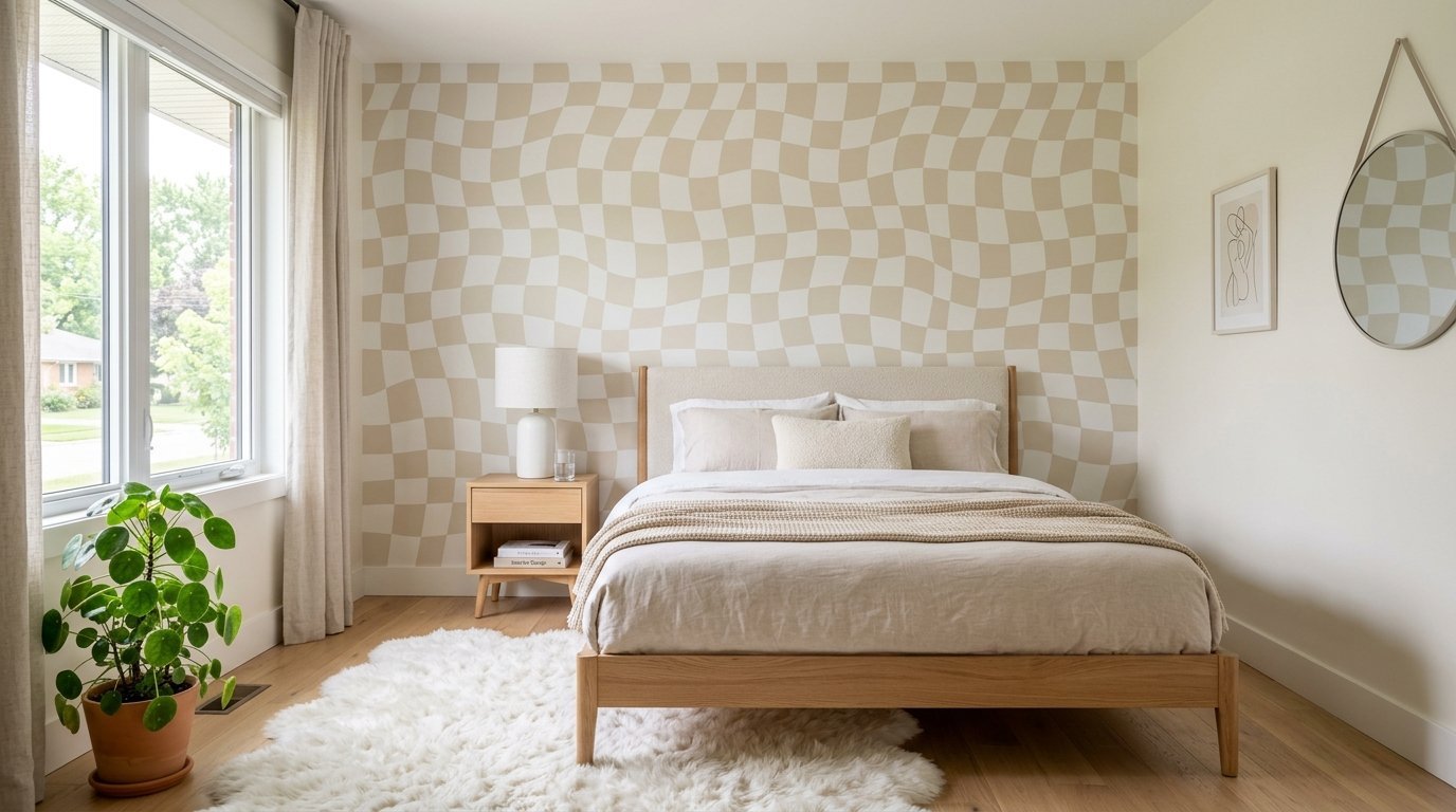 A modern bedroom with a warped checkerboard pattern wall, wooden bed frame, and cream colored bedding.