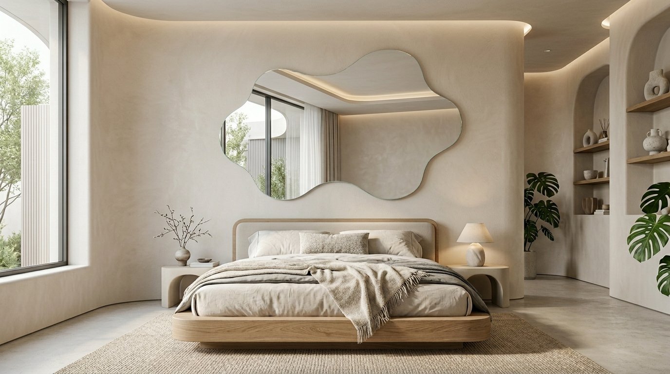 Neutral toned bedroom with a curved wooden platform bed and irregular shaped wall mirror.