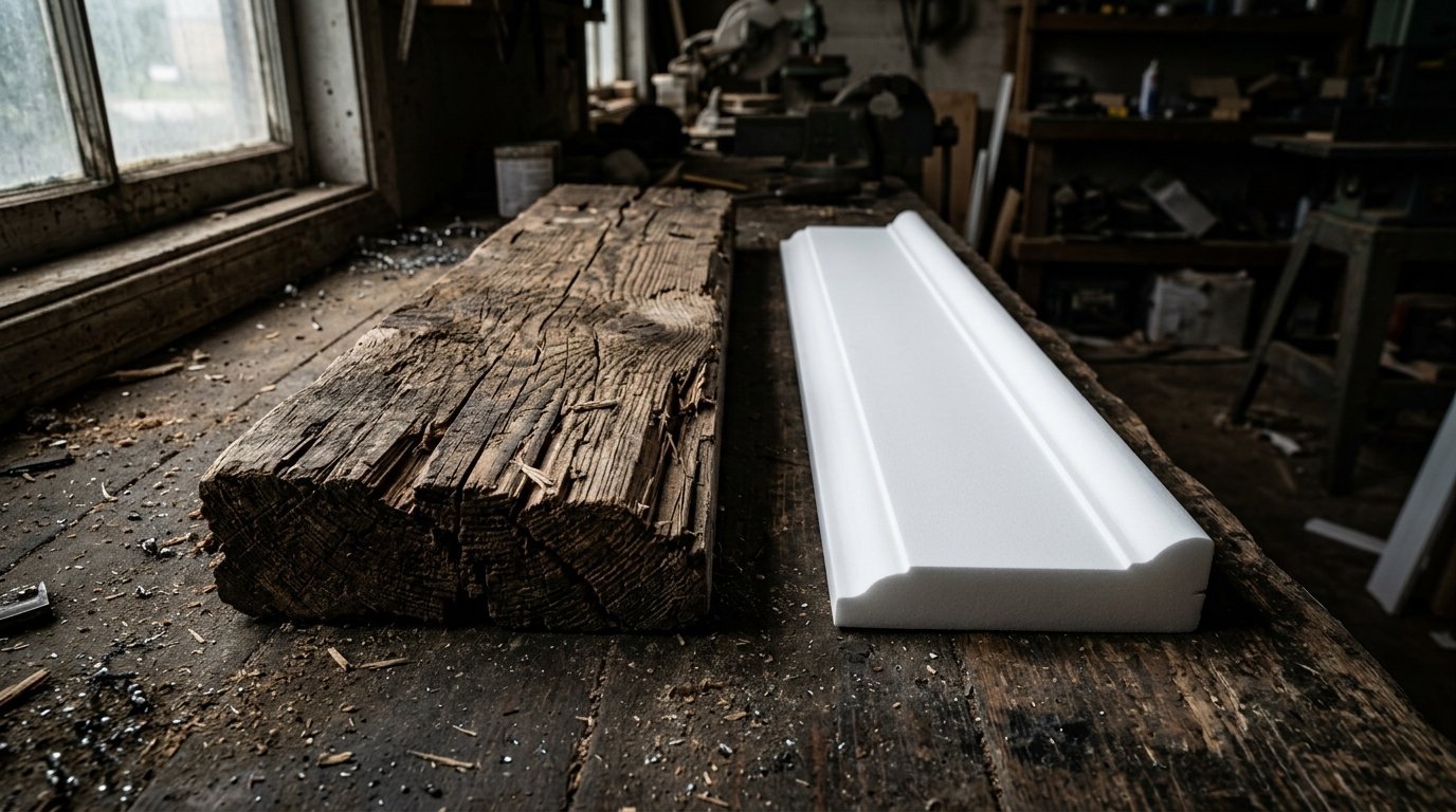 A rough, textured antique wooden beam placed next to a smooth, finished white molding strip on a dusty workshop table.