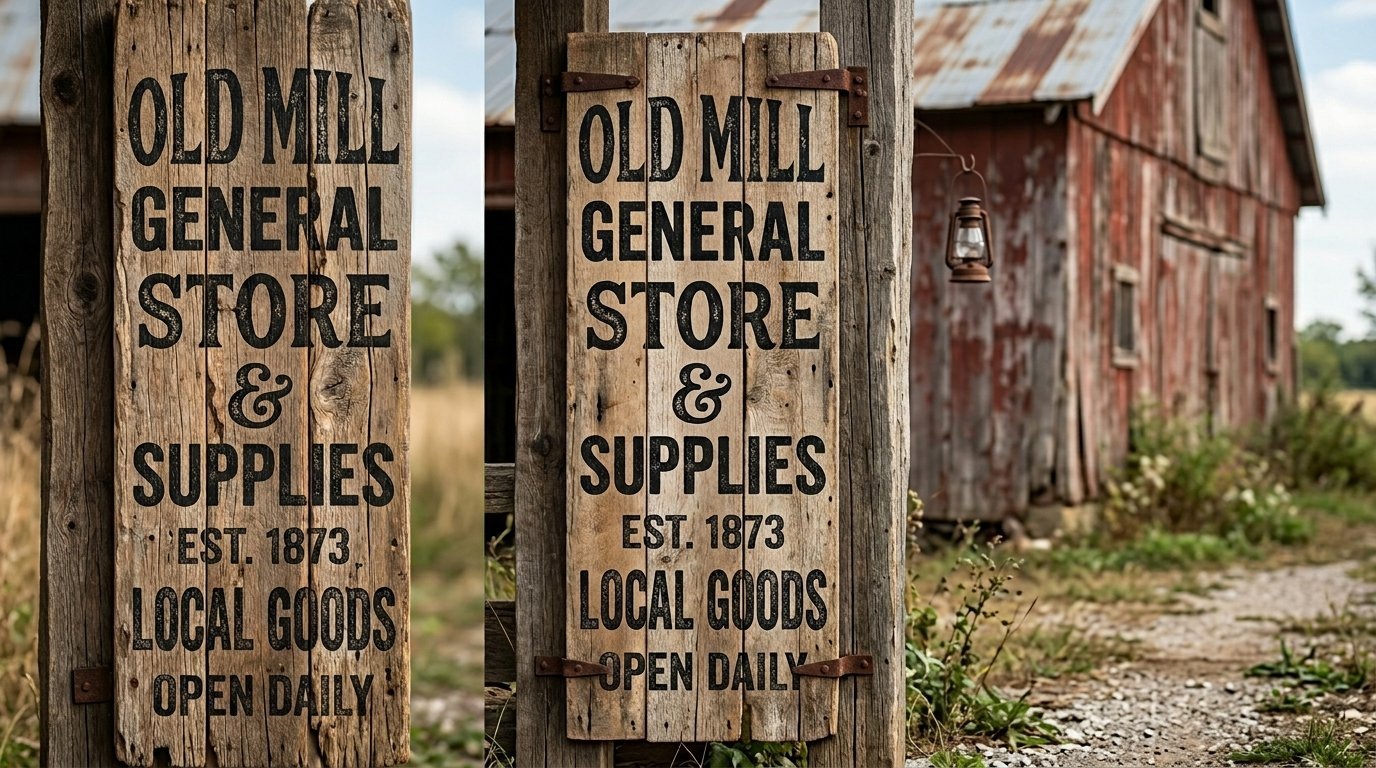 A rustic, weathered wood sign reading Old Mill General Store and Supplies hanging near an old red barn.