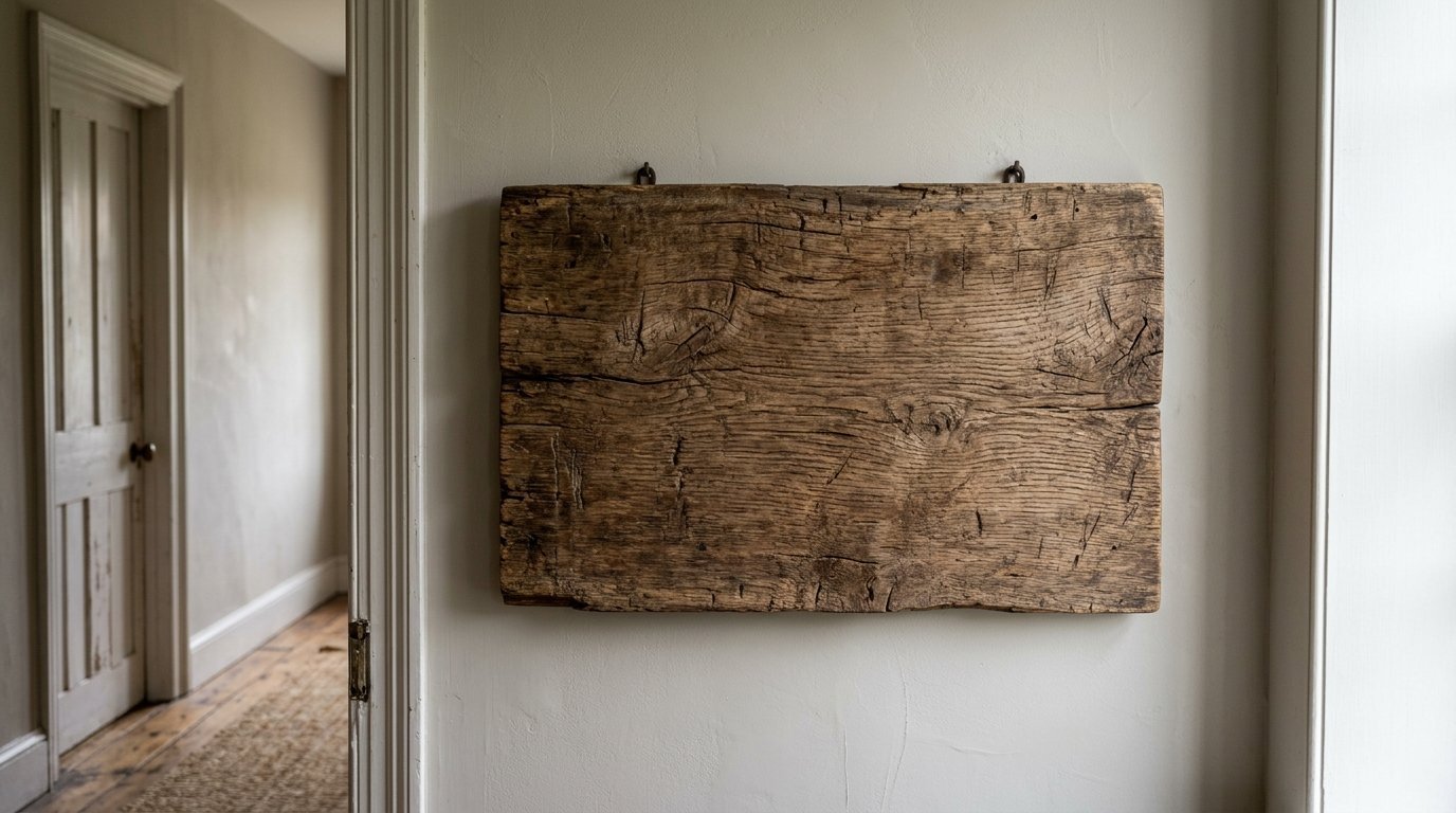 A rectangular piece of weathered, textured wood hanging from two small metal hooks on a plain interior wall.