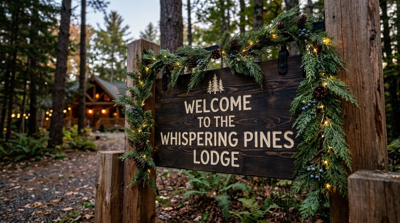 A rustic dark wood sign reading Welcome to the Whispering Pines Lodge decorated with pine boughs and warm string lights.