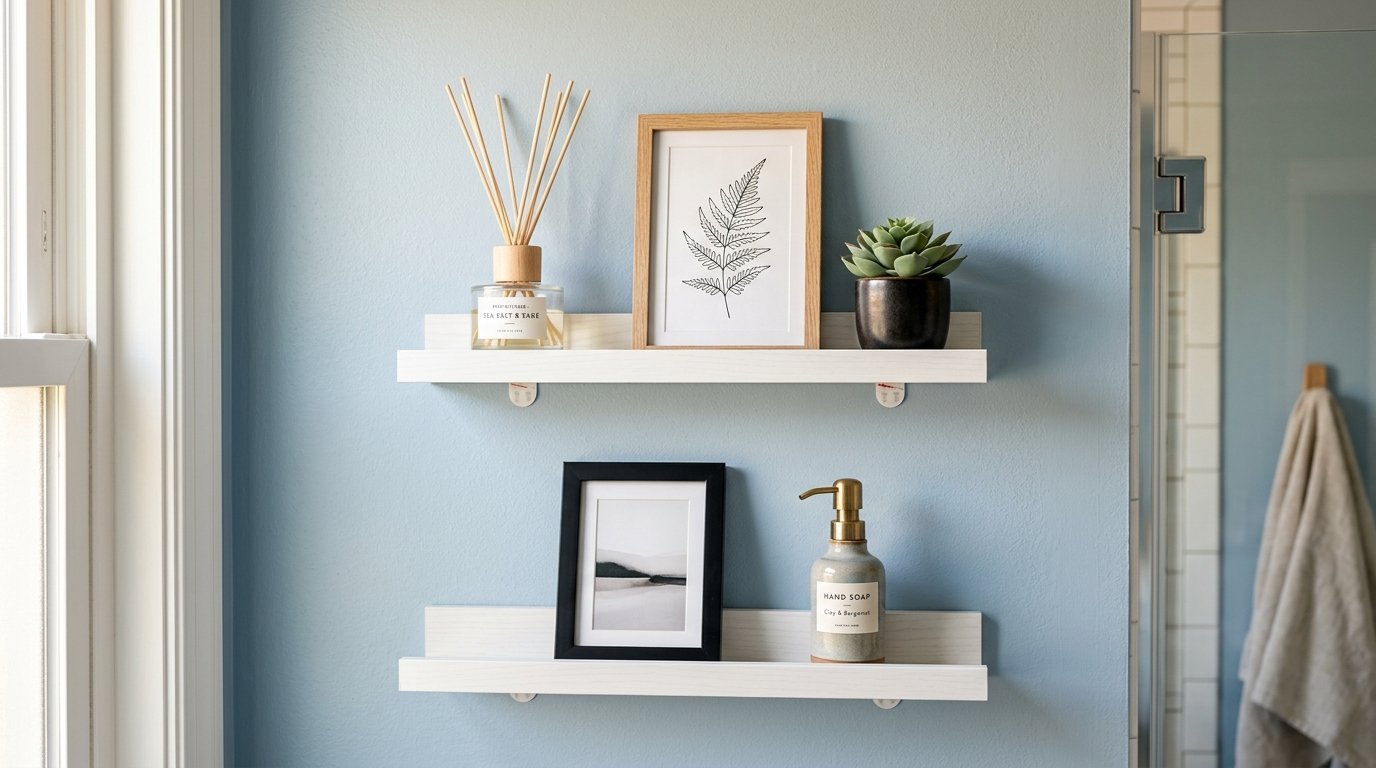 Two white wooden shelves on a light blue wall holding a reed diffuser, framed art, a succulent, and soap.