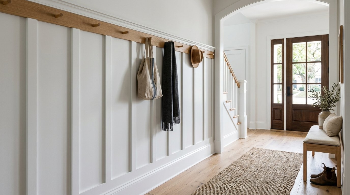 Modern hallway with white wood wall paneling, oak peg rail, hanging accessories, and a wooden bench by the front door.