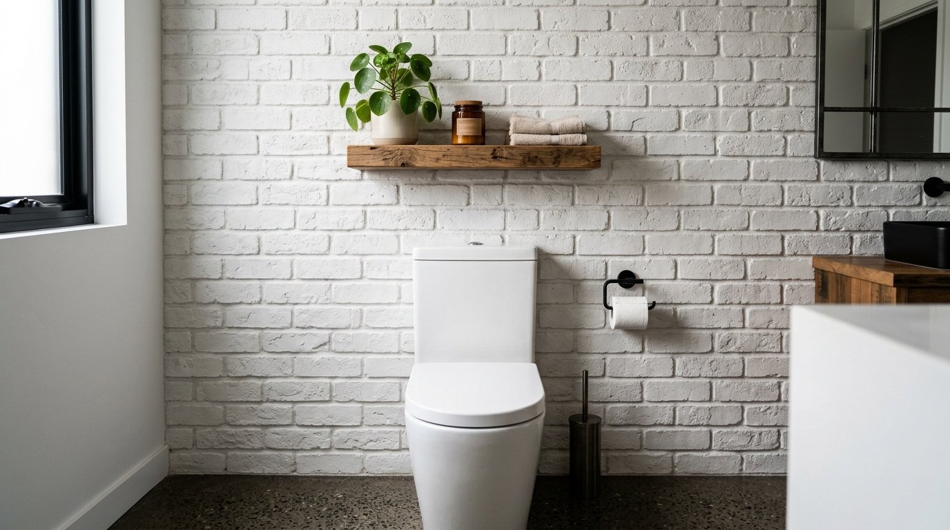 Contemporary toilet against a white painted brick wall with a wood shelf holding a plant and towels.