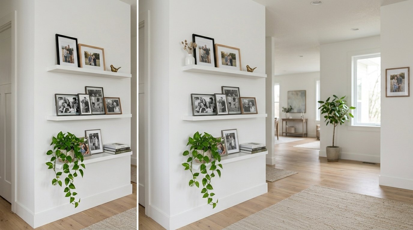 Split view of a white wall featuring three floating shelves styled with framed family portraits and trailing greenery.