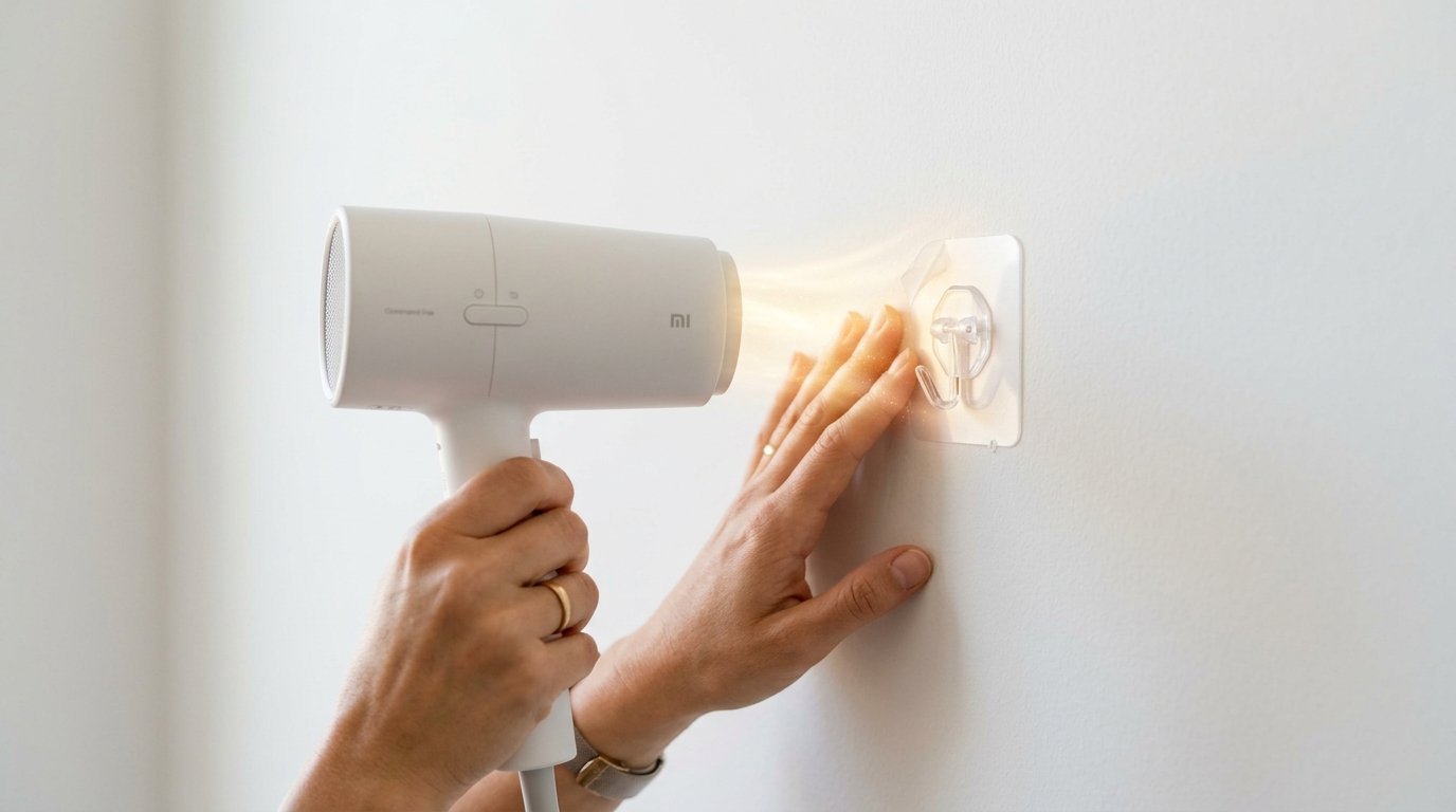 A person blows hot air from a white hair dryer onto a clear plastic adhesive hook mounted on a white wall.