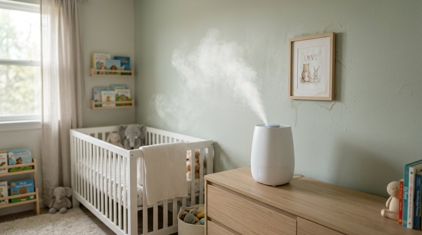 Modern white humidifier on a wooden dresser creating mist in a nursery with a crib and wall art.