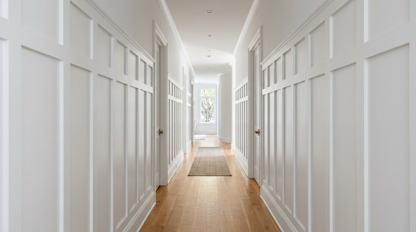 A narrow home corridor featuring tall white grid paneling walls and a natural wood floor runner