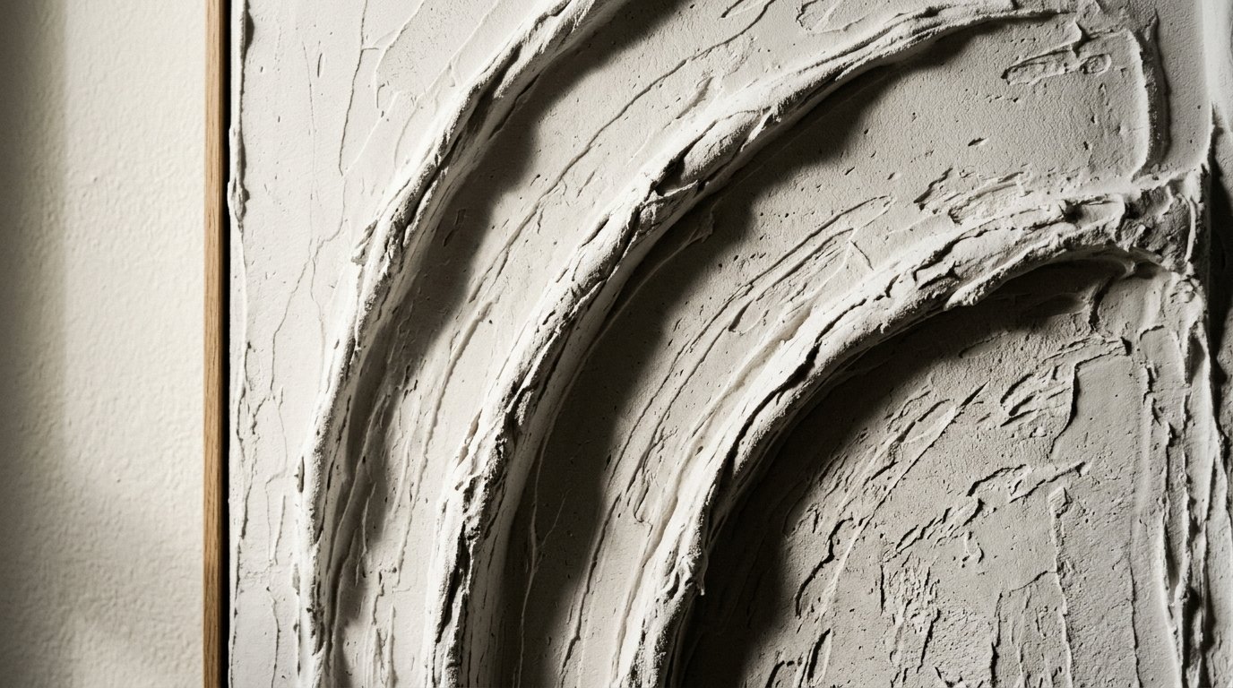 Close up of a thick white textured plaster painting featuring raised arched lines in a wooden frame.