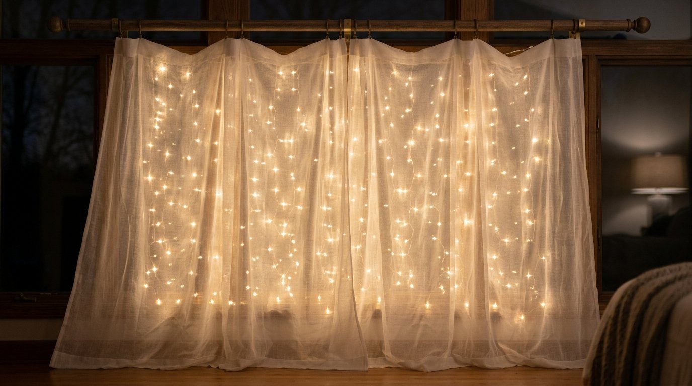 Glowing yellow LED fairy lights layered behind thin white curtains in a dark room.