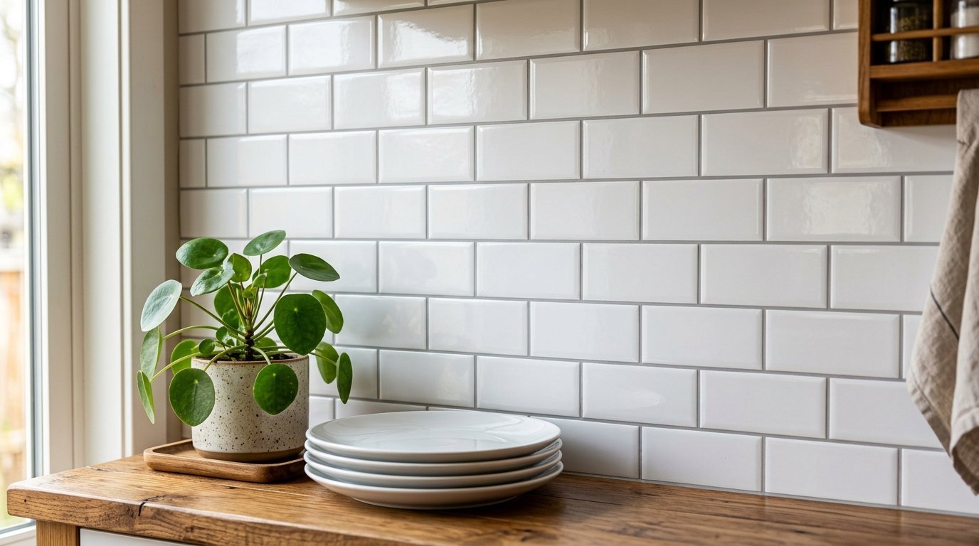 Pilea plant in a speckled pot and stacked white plates on a wooden kitchen counter against a subway tile wall.