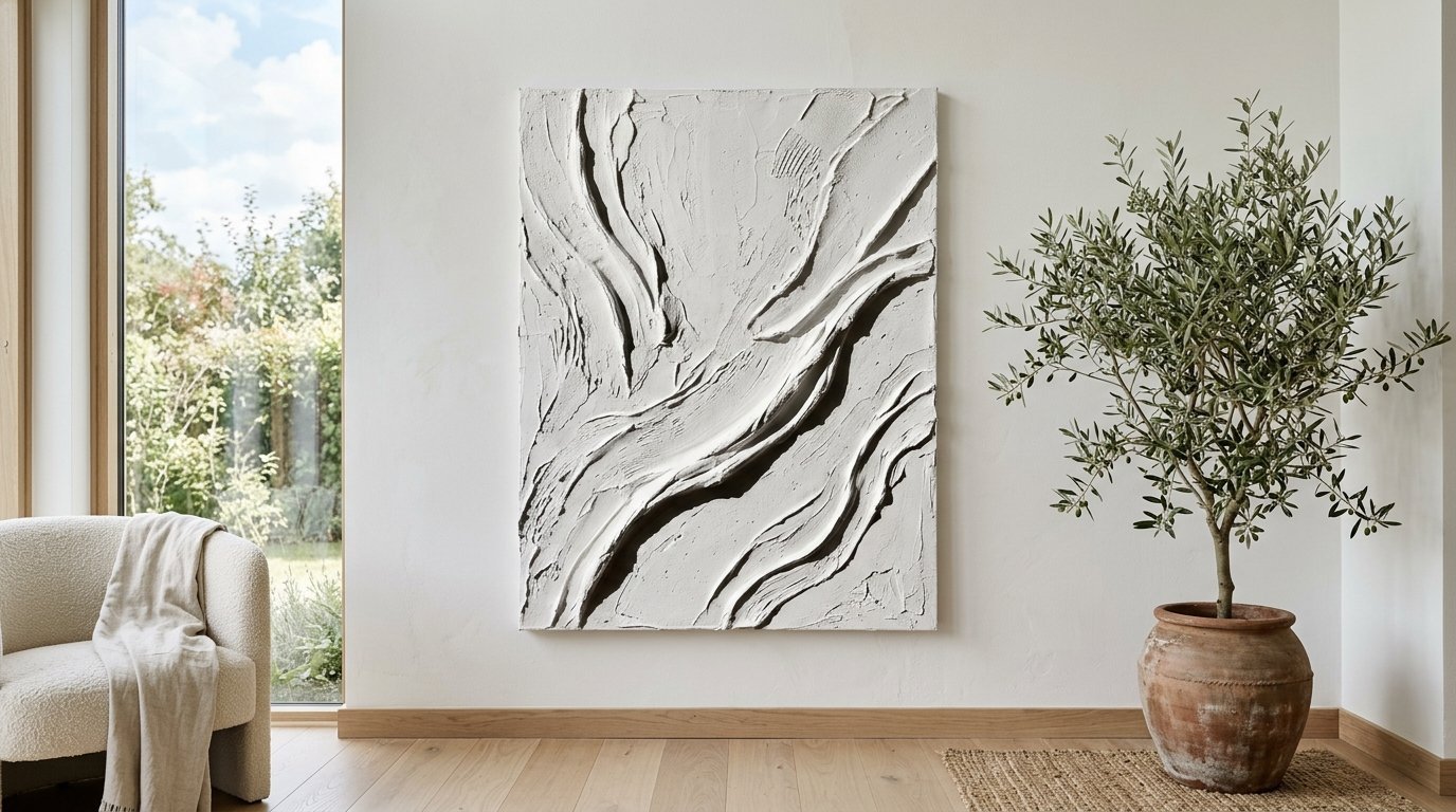A vertical abstract canvas with deep sculpted white paste textures hanging in a bright, minimalist room.