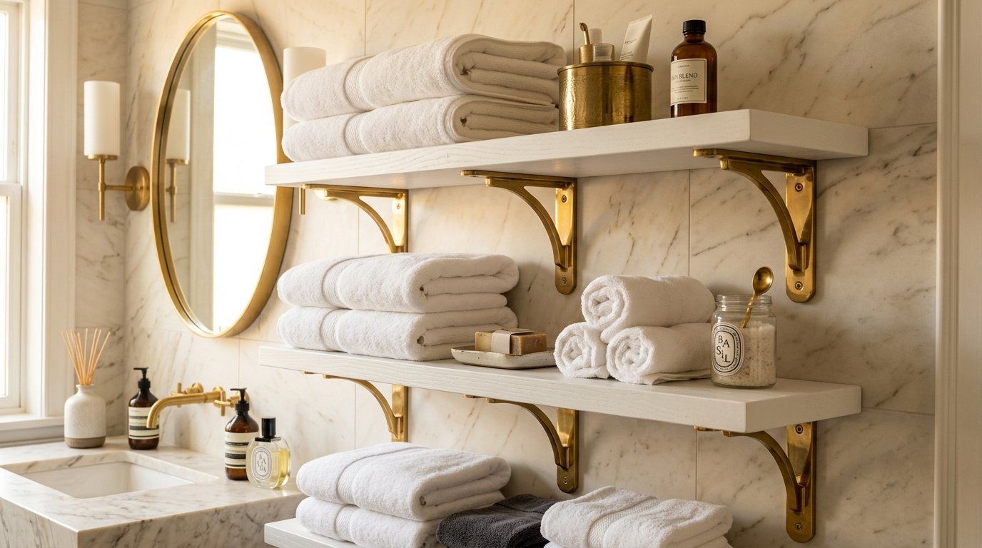 White folded towels arranged on wall-mounted shelves with brass brackets in a marble tiled bathroom.