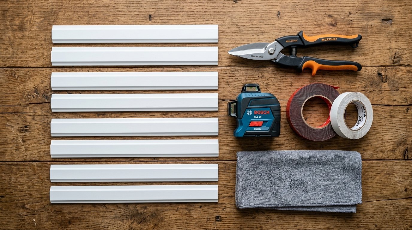 White trim pieces alongside a laser level, metal snips, adhesive tapes, and a grey microfiber cleaning cloth.