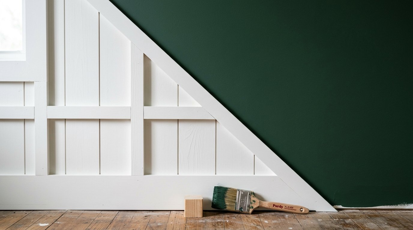 A wooden paintbrush with green paint sits on a hardwood floor next to a white wainscoting panel and dark green wall.
