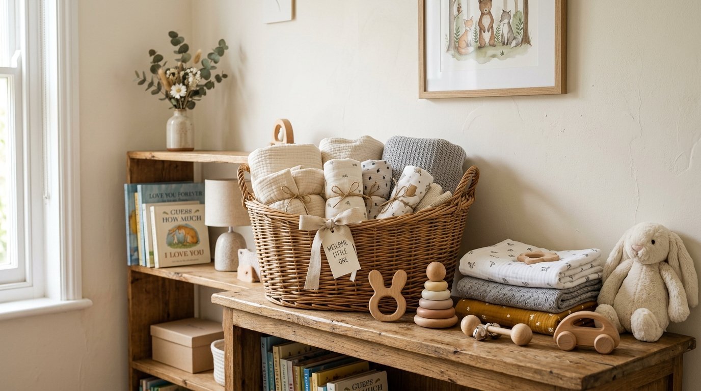 A rattan basket containing muslin swaddles on a wooden console table with baby toys and storybooks.