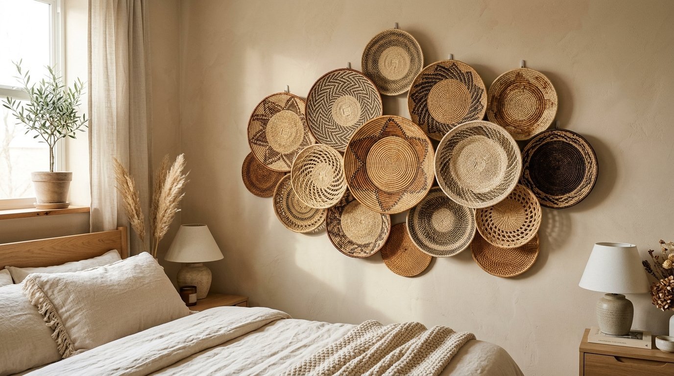 A collection of various sized decorative wicker and rattan baskets mounted on a beige wall above a made bed.