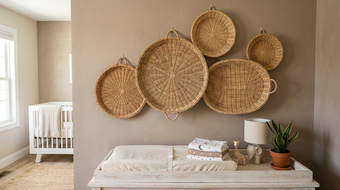 A grouping of five decorative round and oval wicker baskets hung on a neutral beige wall above a baby changing table.