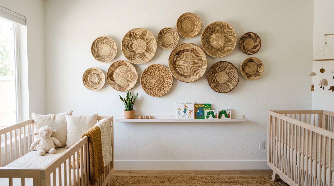Collection of various circular woven baskets mounted on a white wall in a nursery between two wooden cribs.