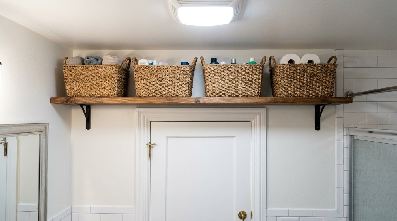 Close-up of a wooden shelf holding four rattan baskets filled with toiletries and toilet paper rolls.
