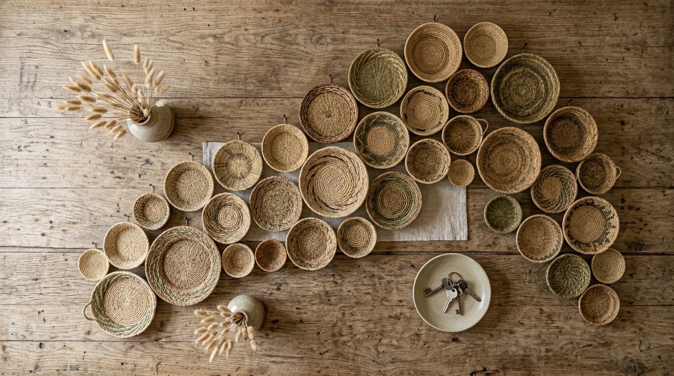 Top-down view of circular woven baskets in natural tones mounted on a rustic wood plank background.