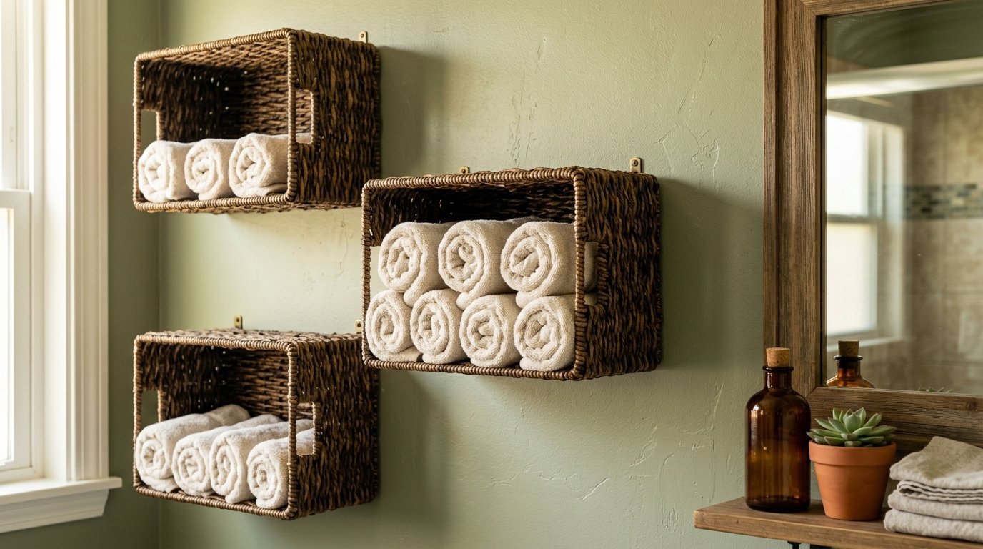 Decorative woven wall baskets containing rolled white towels with a wooden shelf and mirror nearby.