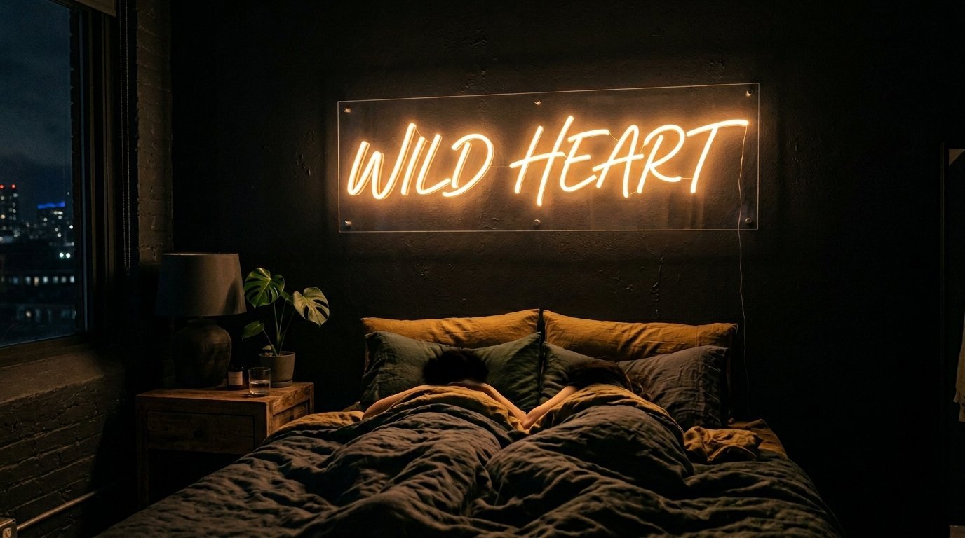 A couple sleeping in a dark room under a glowing orange Wild Heart neon sign on a black wall.