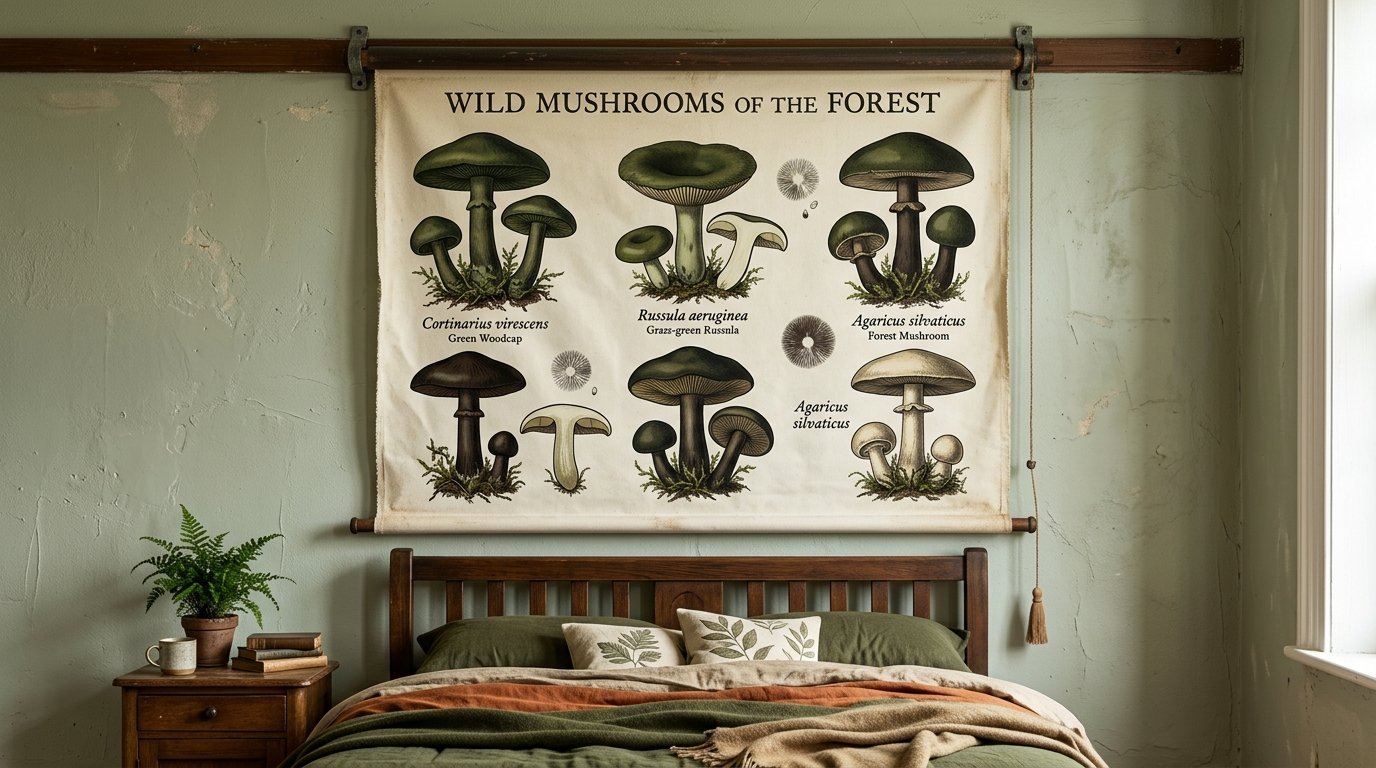 A canvas wall scroll featuring illustrations of green forest mushrooms hangs over a bed in a sage green bedroom.