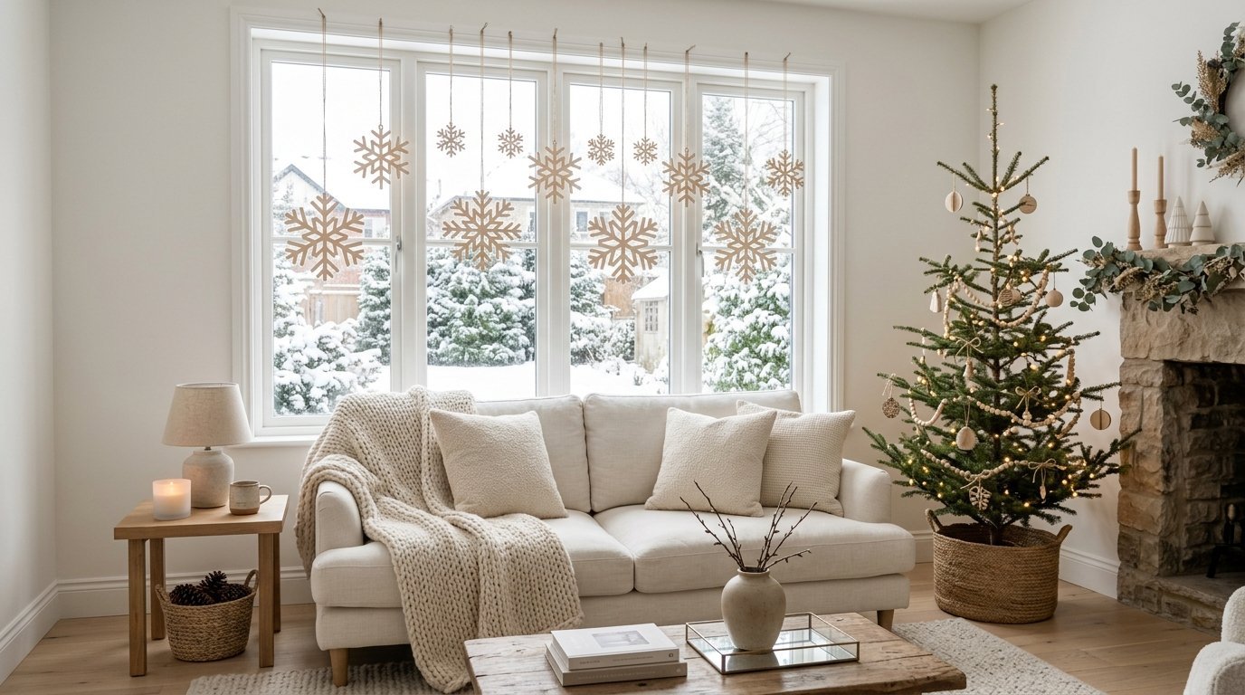 Neutral cream sofa with a knitted throw blanket in front of a window decorated with dangling snowflake cutouts.