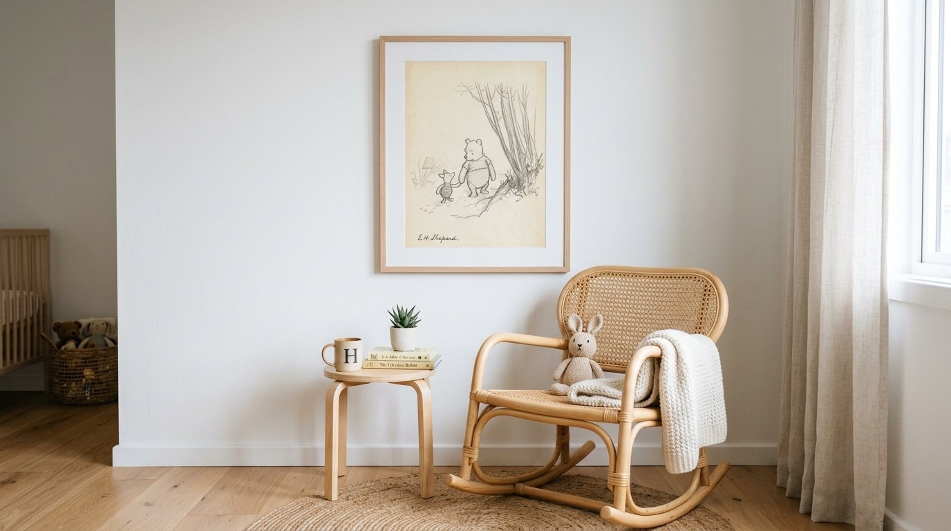 A beige cane rocking chair sits next to a small side table featuring a plush bunny and framed children's wall art.
